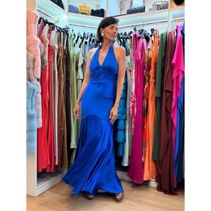 Cache Vintage Cobalt Blue Liquid Silk Halter Fishtail Maxi Gown
